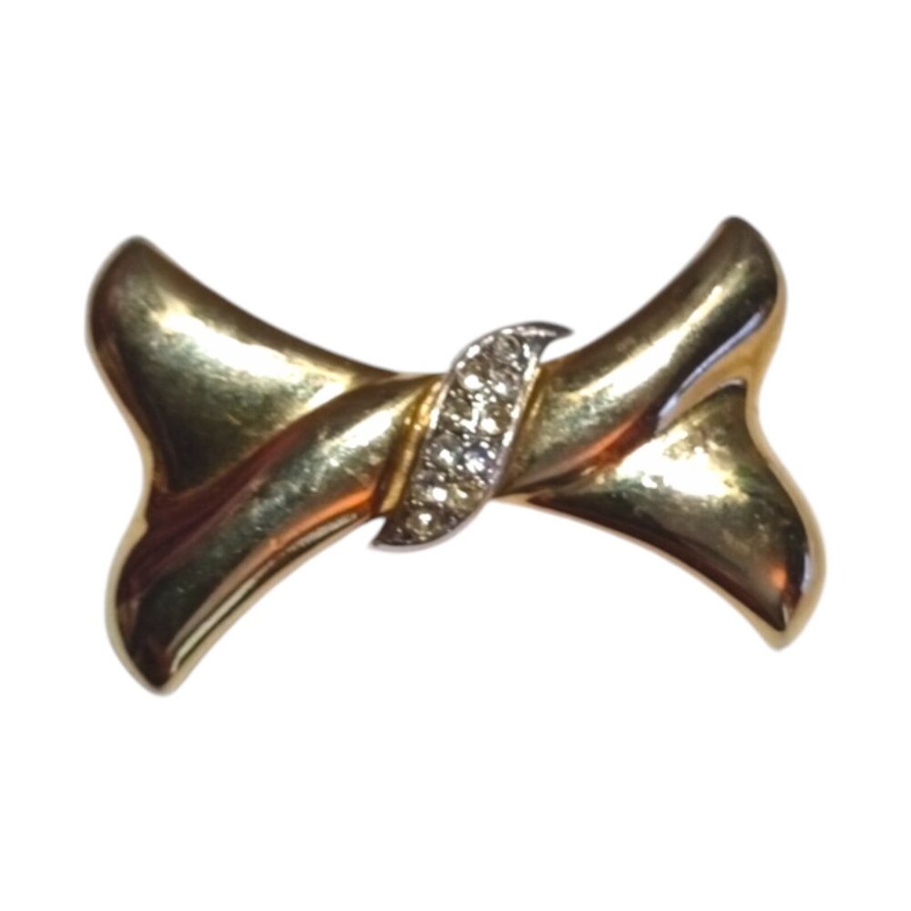 TA Signed Vintage Gold Silver Tone Bow Brooch Tied Clear Centered Rhinestones